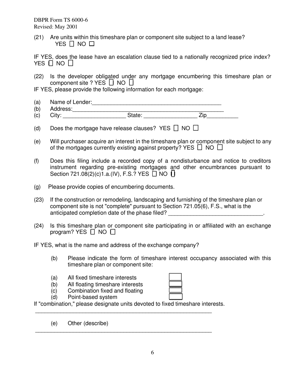 DBPR Form TS6000-6 Single Site / Component Site Timeshare Filing Statement - Florida, Page 6