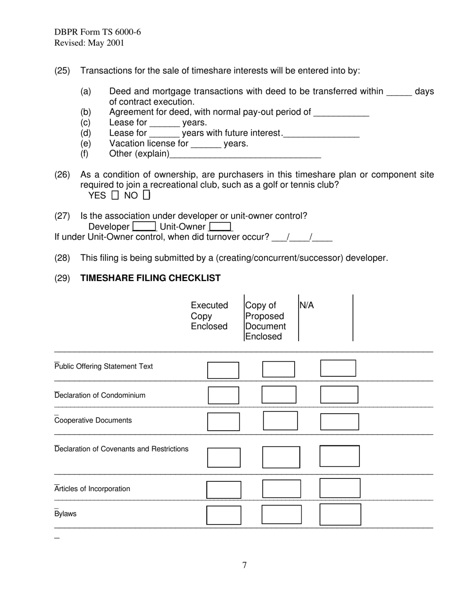 DBPR Form TS6000-6 Single Site / Component Site Timeshare Filing Statement - Florida, Page 7