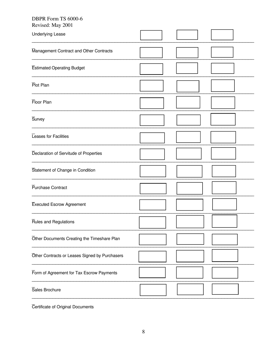 DBPR Form TS6000-6 Single Site / Component Site Timeshare Filing Statement - Florida, Page 8