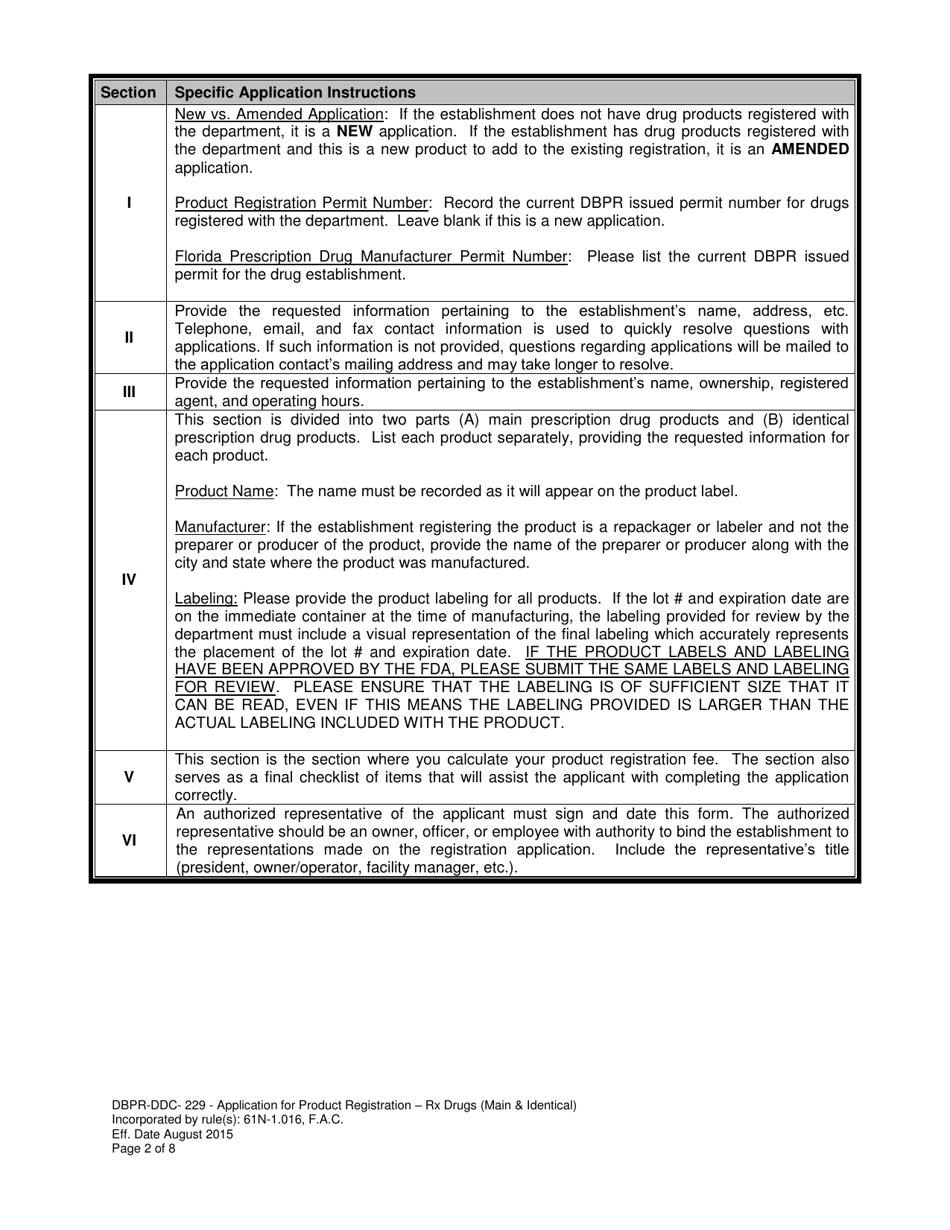 Form DBPR-DDC-229 Application for Product Registration - Rx Drugs (Main  Identical) - Florida, Page 2