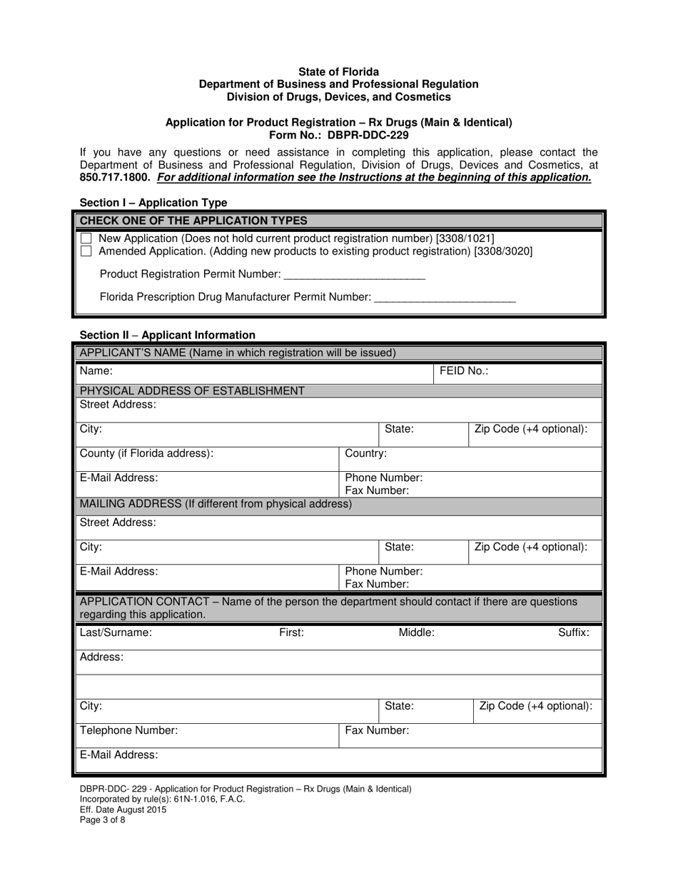 Form DBPR-DDC-229 Application for Product Registration - Rx Drugs (Main  Identical) - Florida, Page 3