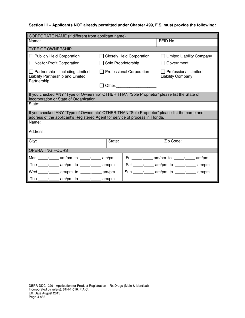 Form DBPR-DDC-229 Application for Product Registration - Rx Drugs (Main  Identical) - Florida, Page 4