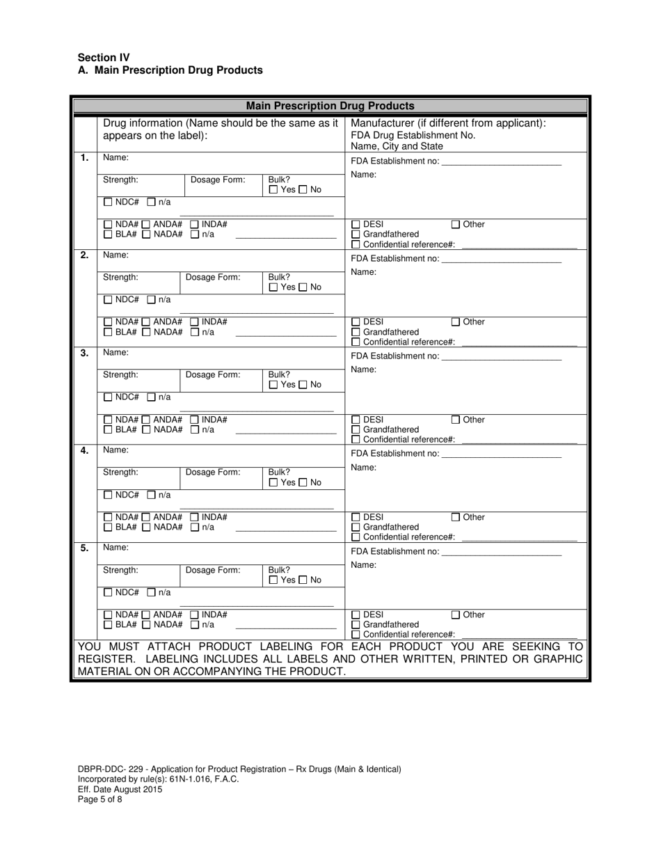 Form DBPR-DDC-229 Application for Product Registration - Rx Drugs (Main  Identical) - Florida, Page 5