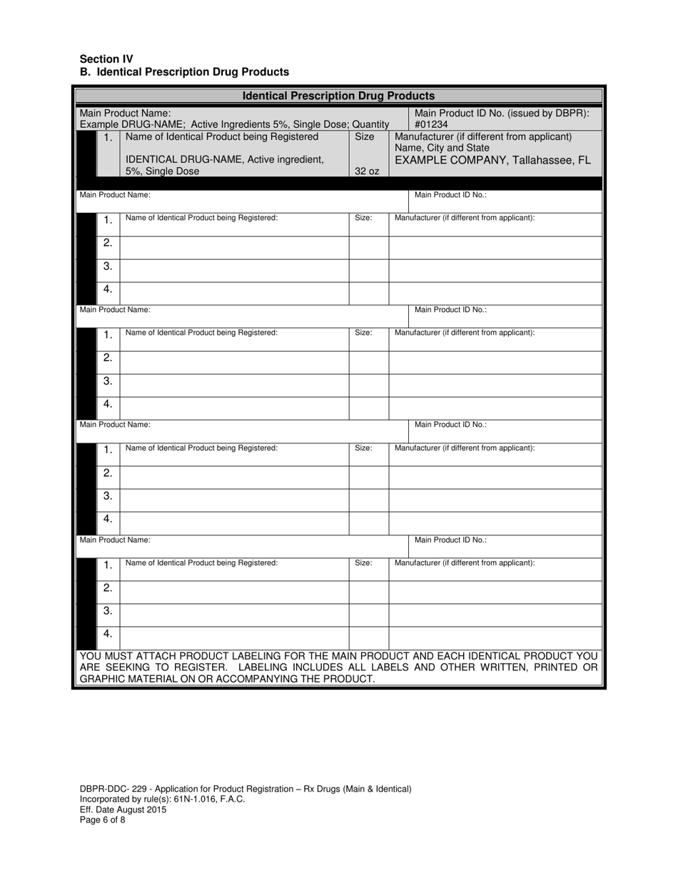 Form DBPR-DDC-229 Application for Product Registration - Rx Drugs (Main  Identical) - Florida, Page 6