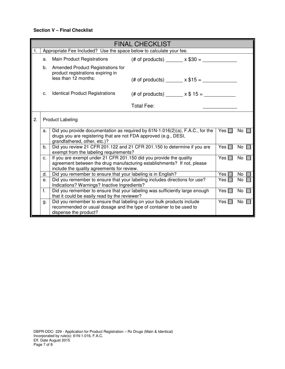 Form DBPR-DDC-229 Application for Product Registration - Rx Drugs (Main  Identical) - Florida, Page 7