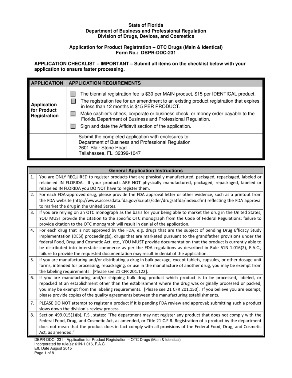 Form DBPR-DDC-231 Application for Product Registration - OTC Drugs (Main  Identical) - Florida, Page 1