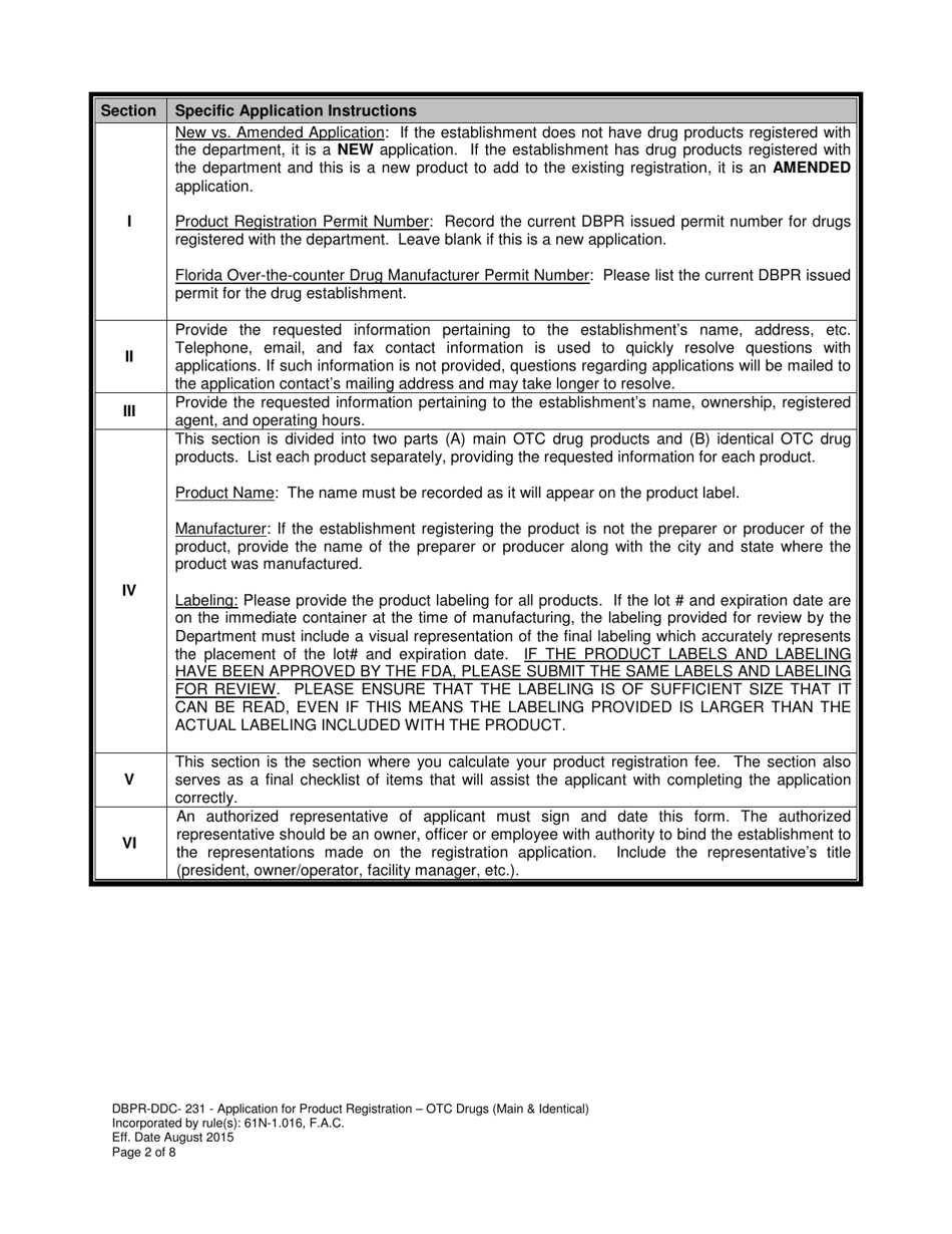 Form DBPR-DDC-231 Application for Product Registration - OTC Drugs (Main  Identical) - Florida, Page 2