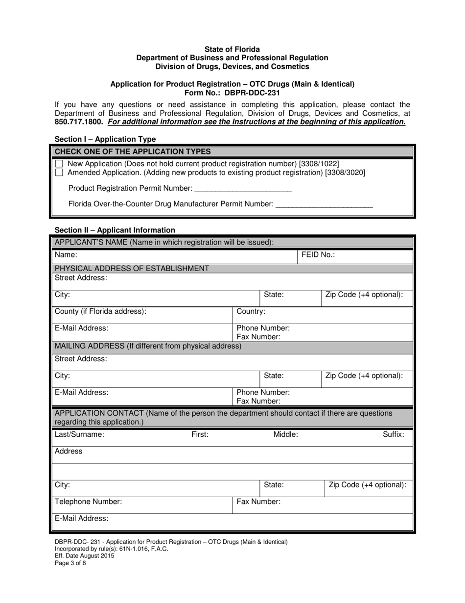 Form DBPR-DDC-231 Application for Product Registration - OTC Drugs (Main  Identical) - Florida, Page 3
