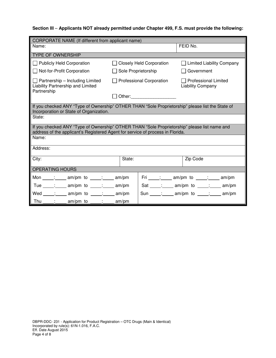 Form DBPR-DDC-231 Application for Product Registration - OTC Drugs (Main  Identical) - Florida, Page 4