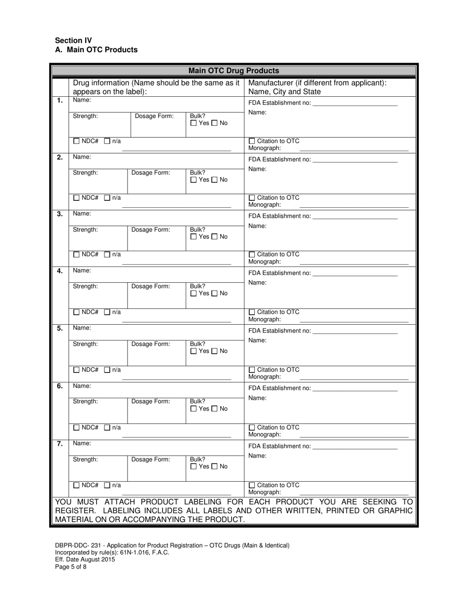 Form DBPR-DDC-231 Application for Product Registration - OTC Drugs (Main  Identical) - Florida, Page 5