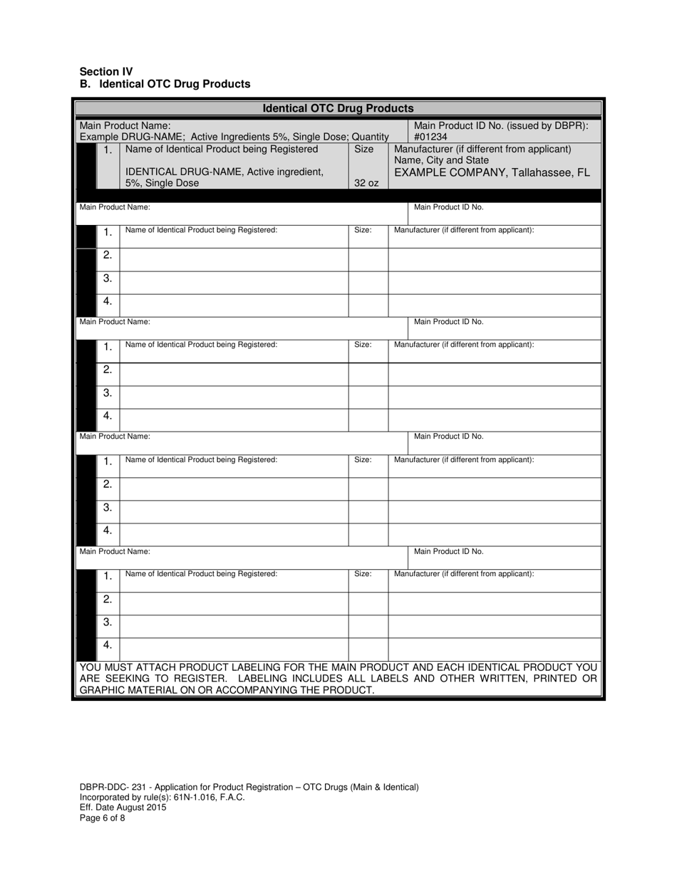 Form DBPR-DDC-231 Application for Product Registration - OTC Drugs (Main  Identical) - Florida, Page 6