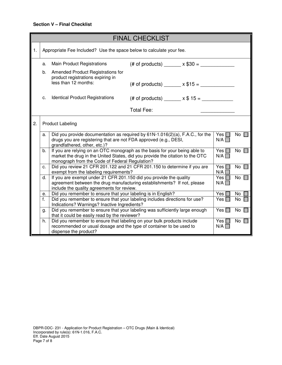 Form DBPR-DDC-231 Application for Product Registration - OTC Drugs (Main  Identical) - Florida, Page 7