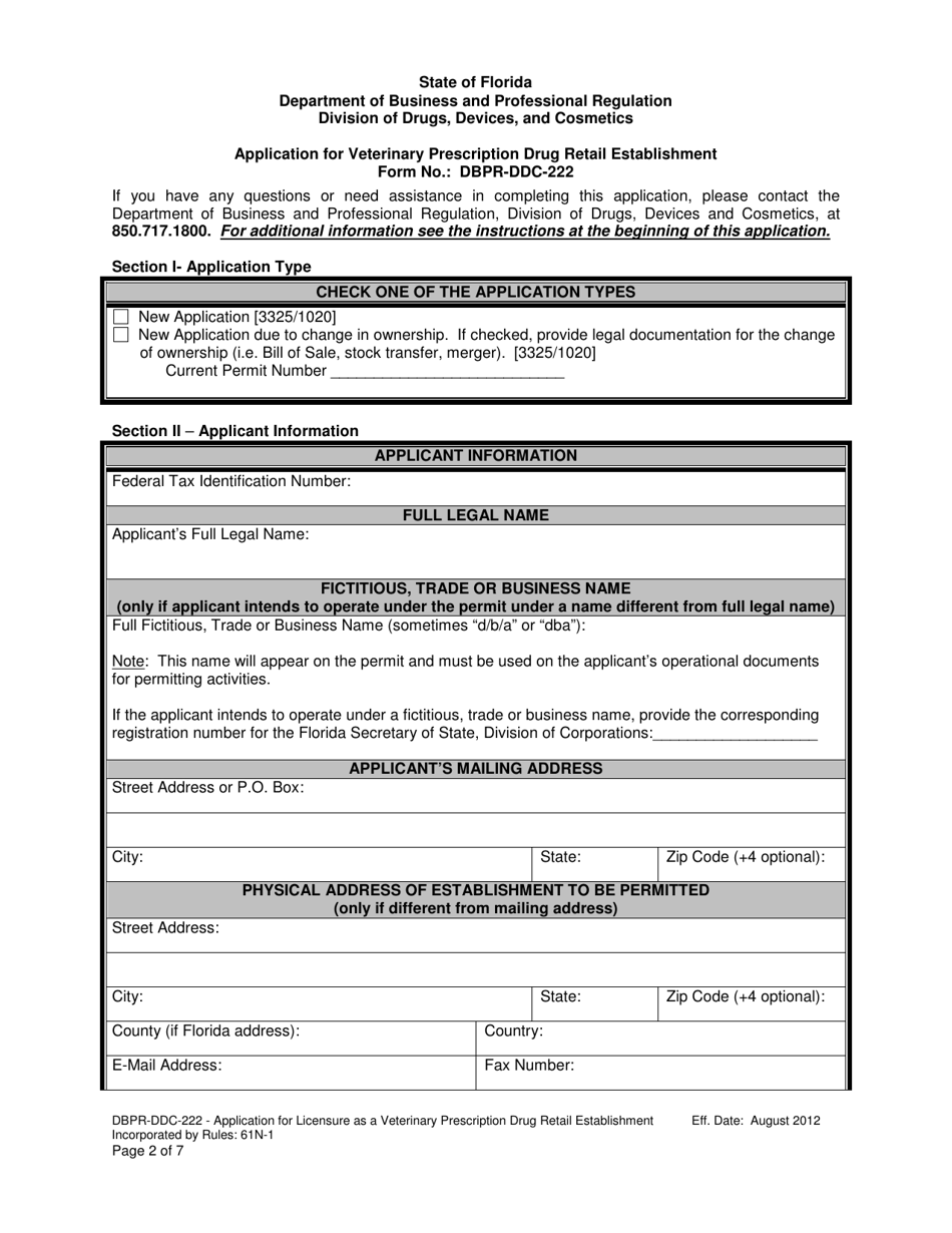 Form DBPR-DDC-222 Application for Veterinary Prescription Drug Retail Establishment - Florida, Page 2