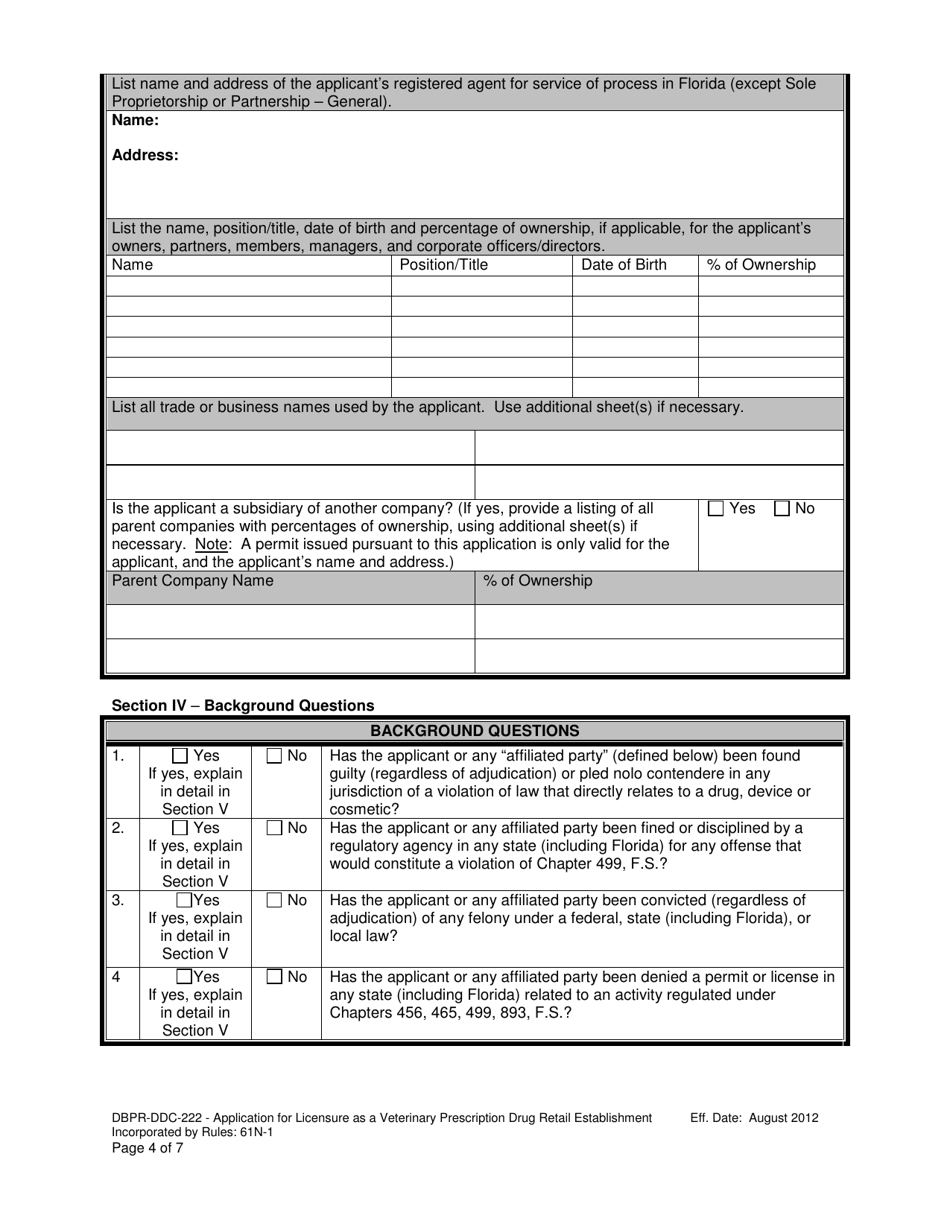 Form DBPR-DDC-222 Application for Veterinary Prescription Drug Retail Establishment - Florida, Page 4