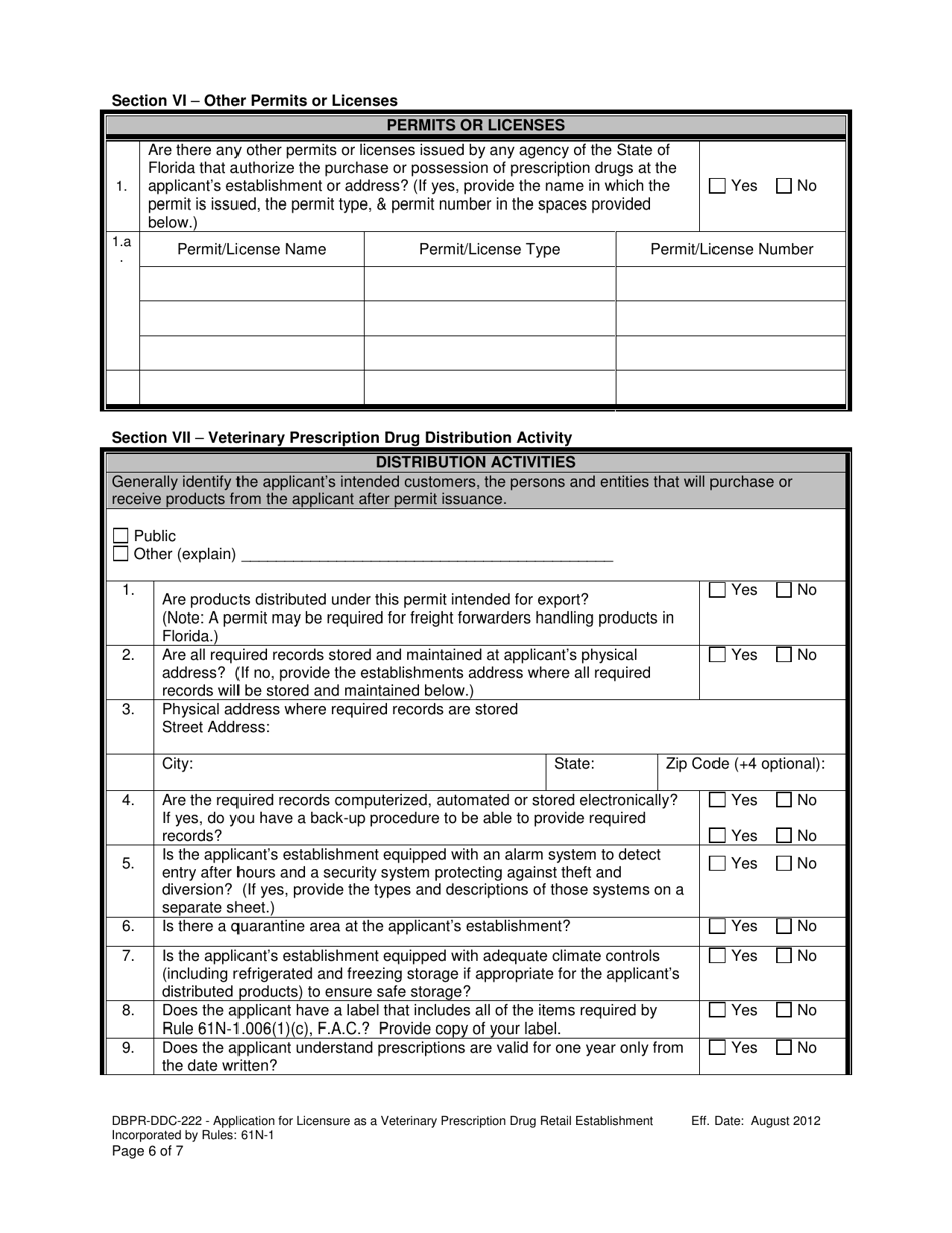 Form DBPR-DDC-222 Application for Veterinary Prescription Drug Retail Establishment - Florida, Page 6