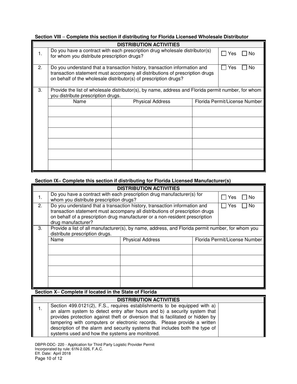 Form DBPR-DDC-220 Application for Third Party Logistic Provider Permit - Florida, Page 10