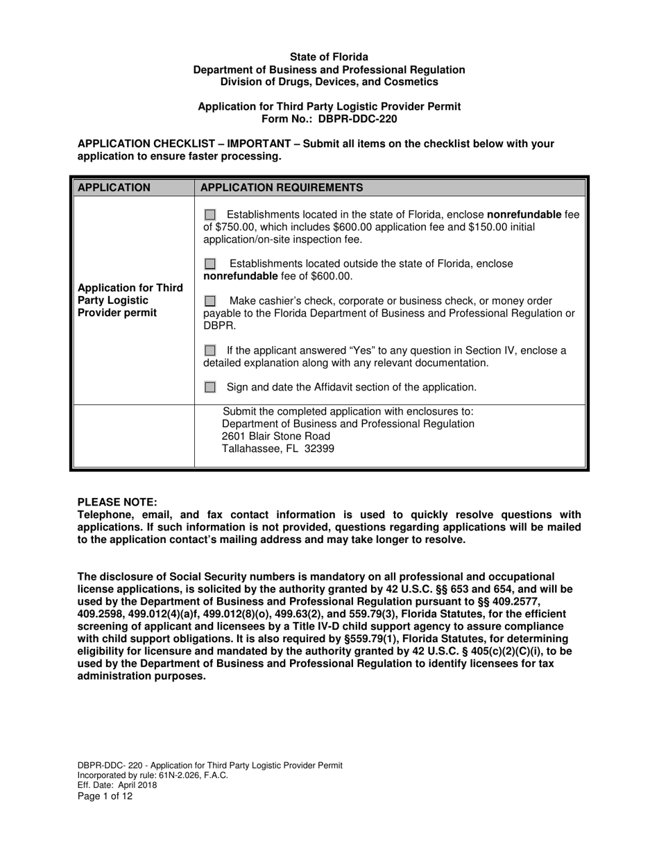Form DBPR-DDC-220 Application for Third Party Logistic Provider Permit - Florida, Page 1