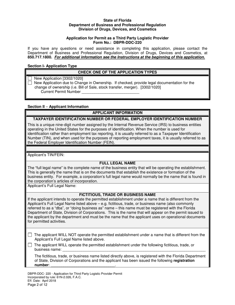 Form DBPR-DDC-220 Application for Third Party Logistic Provider Permit - Florida, Page 2