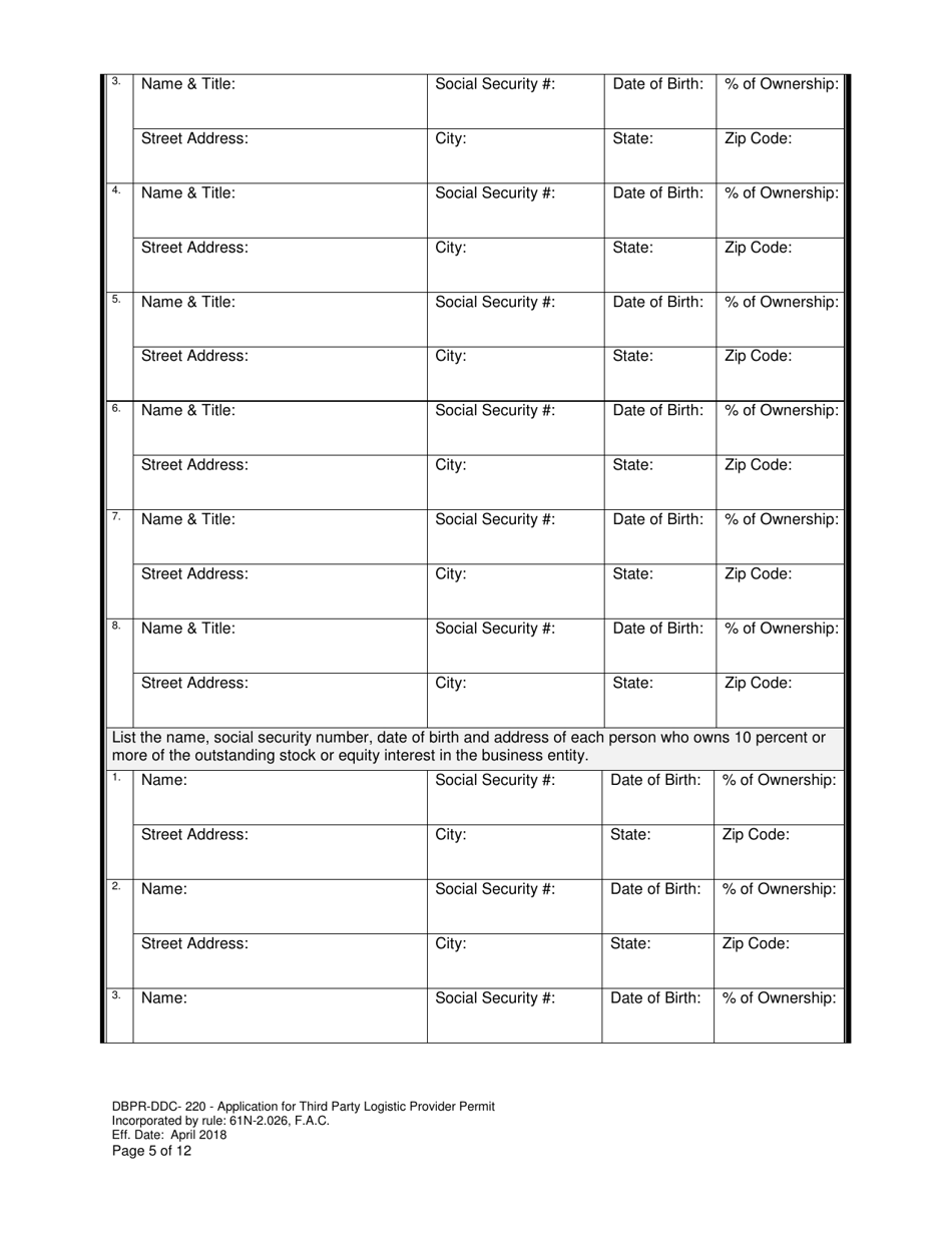 Form DBPR-DDC-220 Application for Third Party Logistic Provider Permit - Florida, Page 5