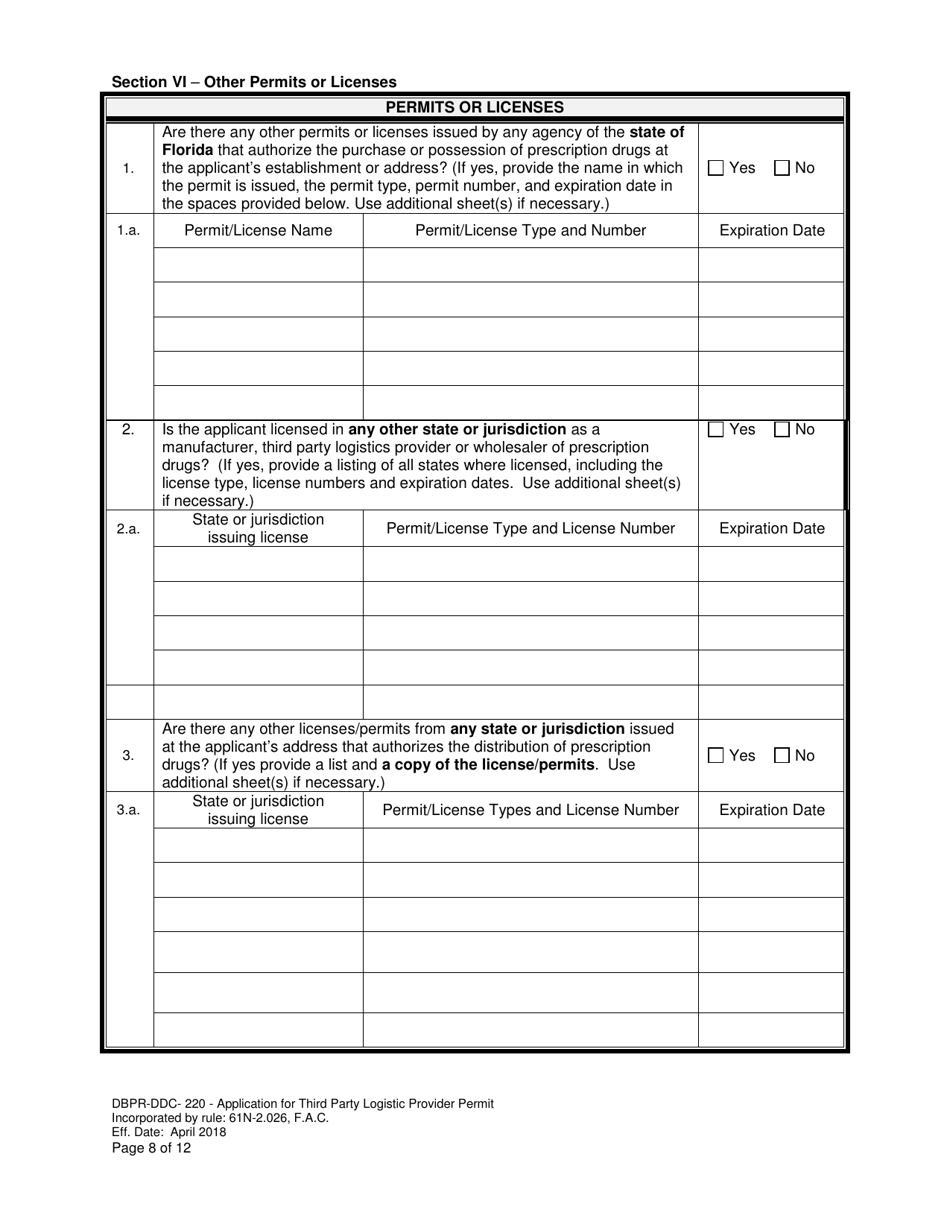 Form DBPR-DDC-220 Application for Third Party Logistic Provider Permit - Florida, Page 8
