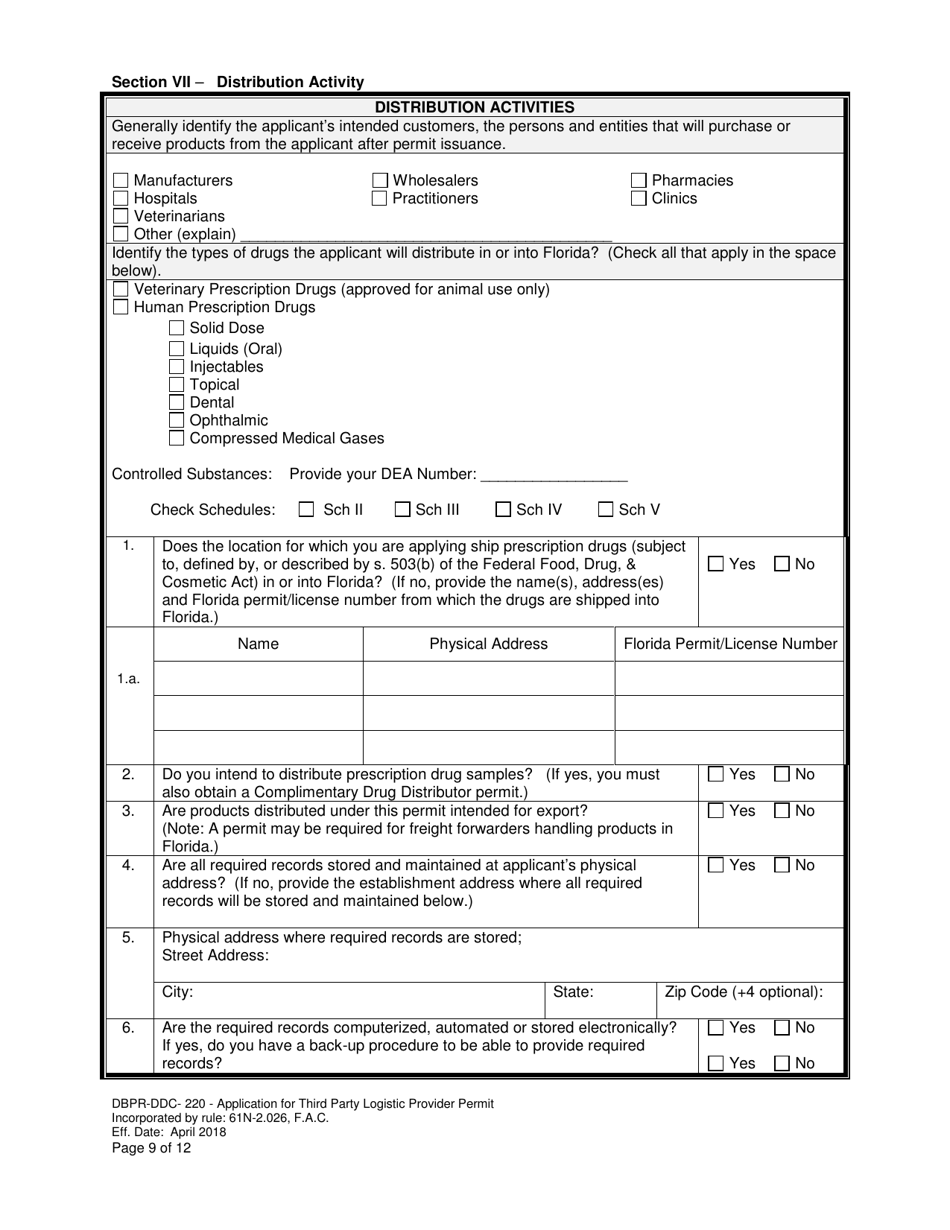 Form DBPR-DDC-220 Application for Third Party Logistic Provider Permit - Florida, Page 9