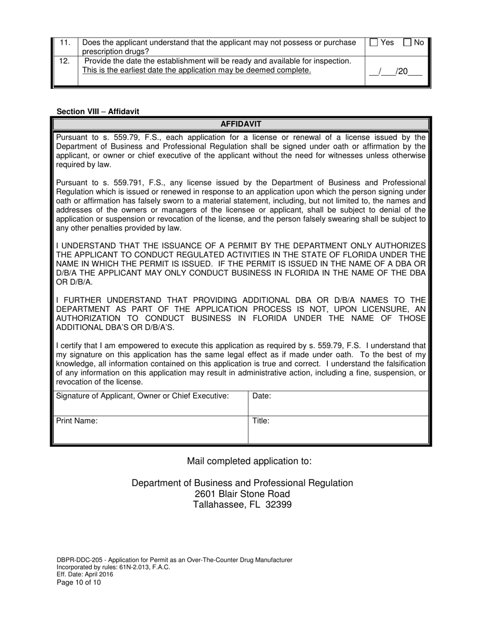 Form DBPR-DDC-205 Application for Permit as an Over-the-Counter Drug Manufacturer - Florida, Page 10