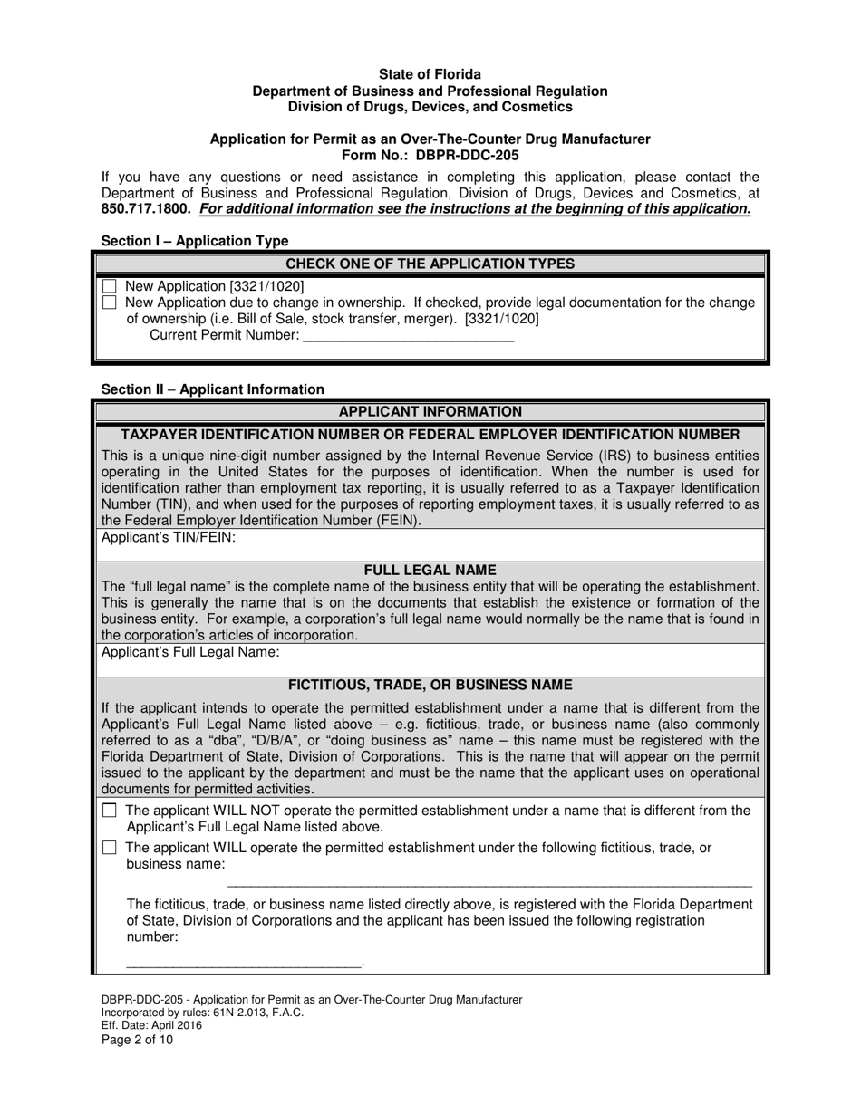 Form DBPR-DDC-205 Application for Permit as an Over-the-Counter Drug Manufacturer - Florida, Page 2