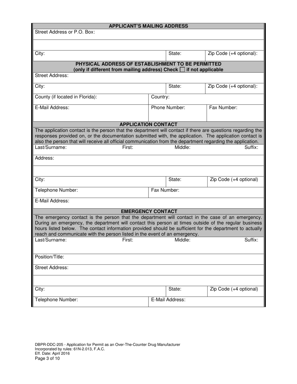 Form DBPR-DDC-205 Application for Permit as an Over-the-Counter Drug Manufacturer - Florida, Page 3
