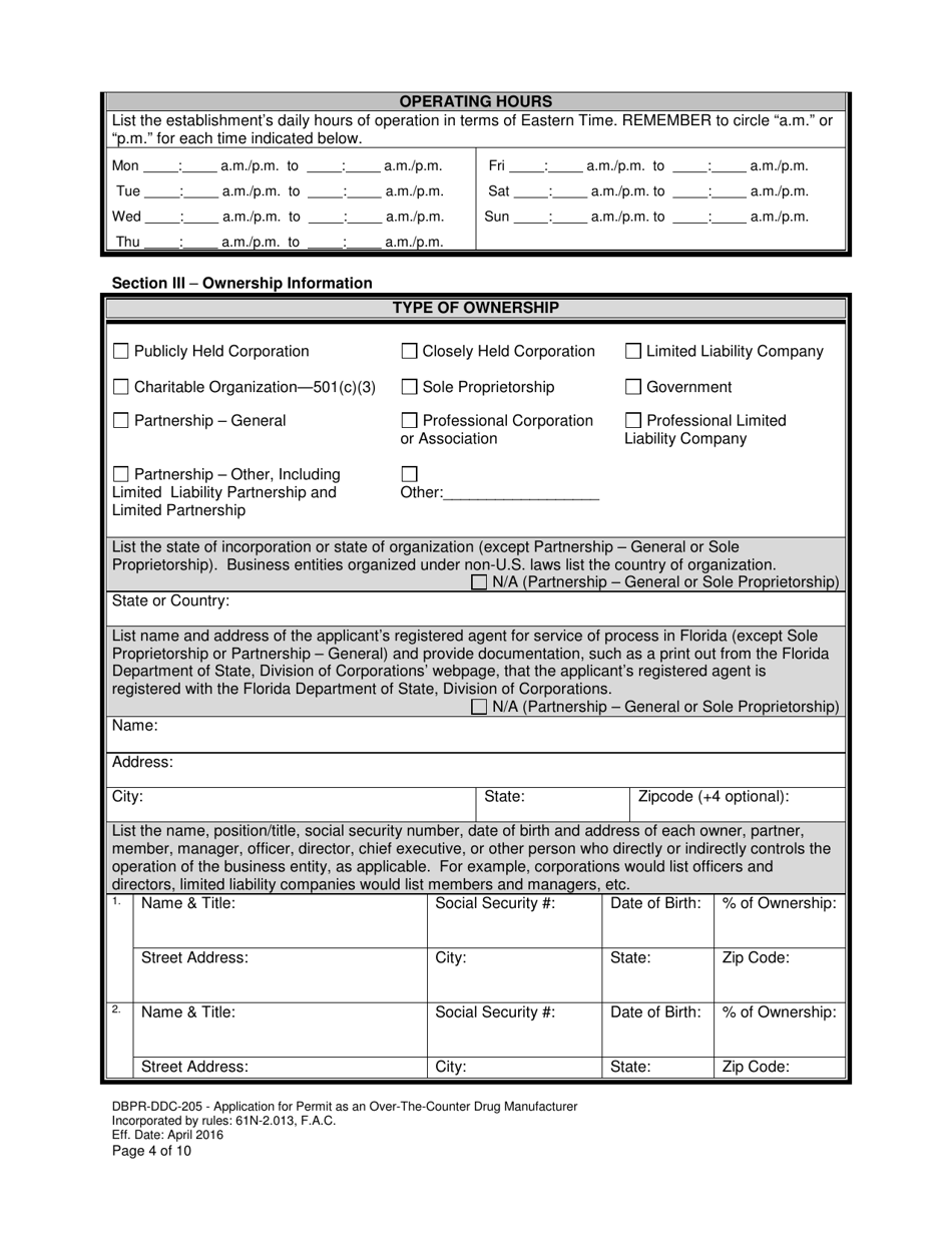 Form DBPR-DDC-205 Application for Permit as an Over-the-Counter Drug Manufacturer - Florida, Page 4