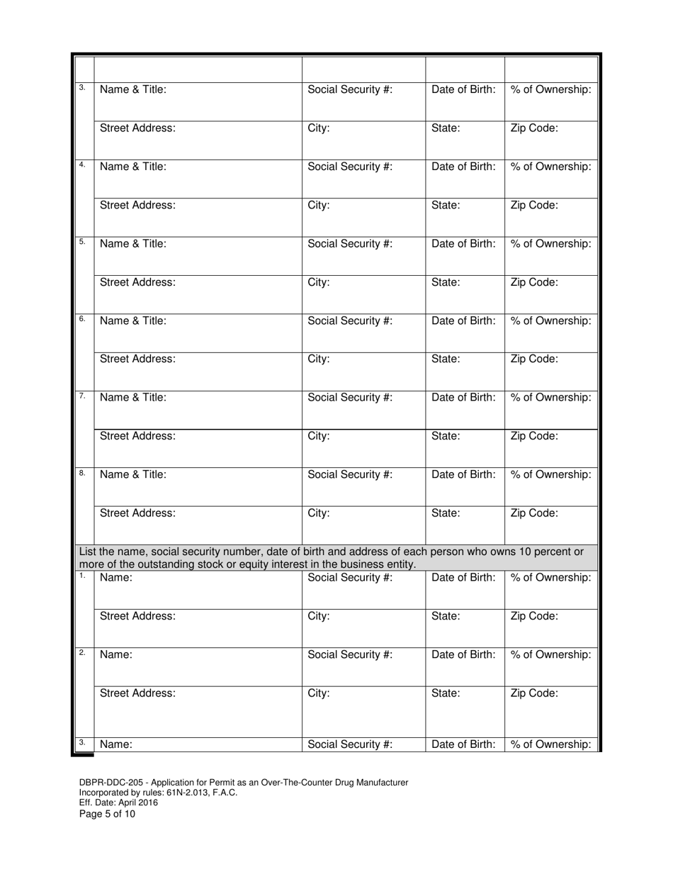 Form DBPR-DDC-205 Application for Permit as an Over-the-Counter Drug Manufacturer - Florida, Page 5