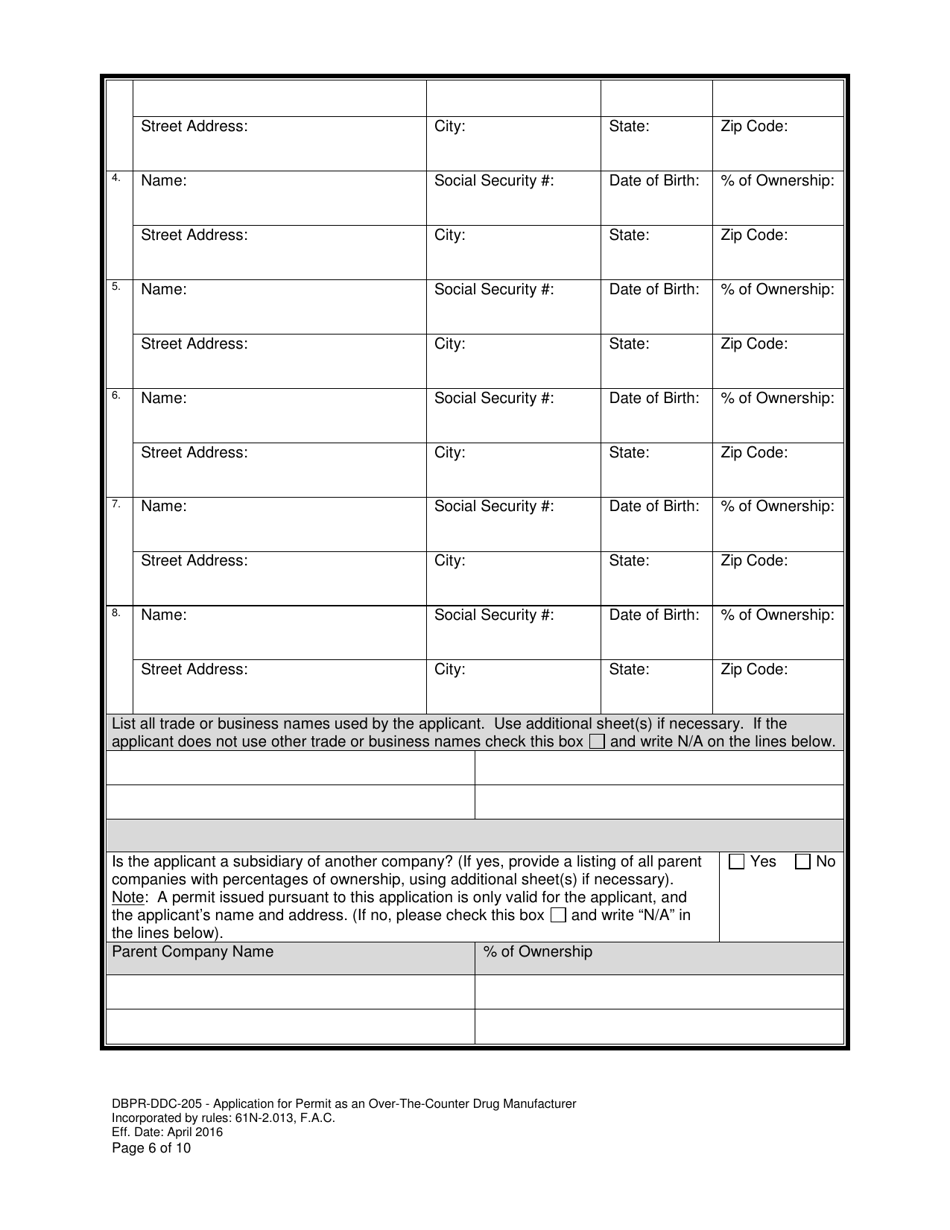 Form DBPR-DDC-205 Application for Permit as an Over-the-Counter Drug Manufacturer - Florida, Page 6