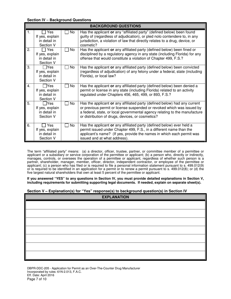 Form DBPR-DDC-205 Application for Permit as an Over-the-Counter Drug Manufacturer - Florida, Page 7