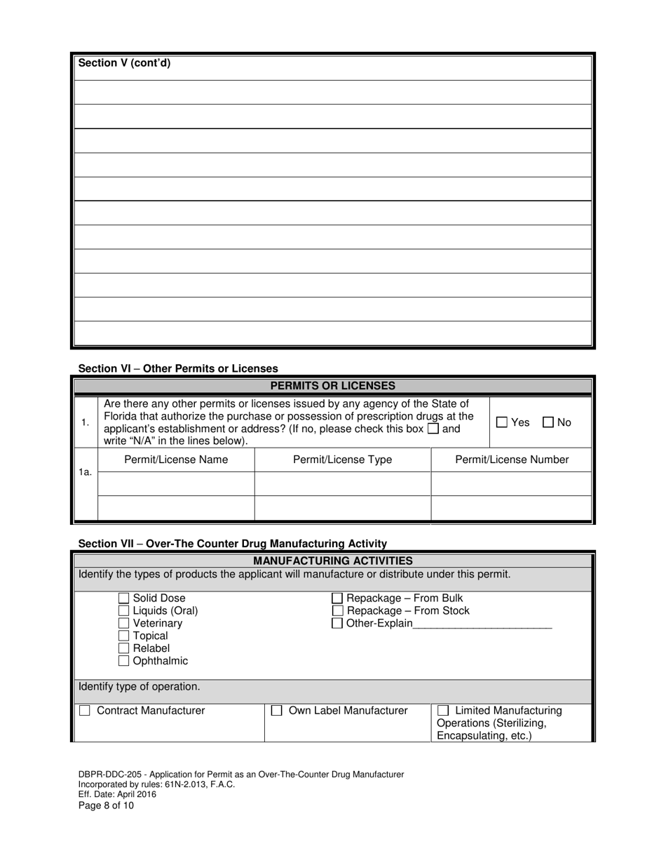 Form DBPR-DDC-205 Application for Permit as an Over-the-Counter Drug Manufacturer - Florida, Page 8