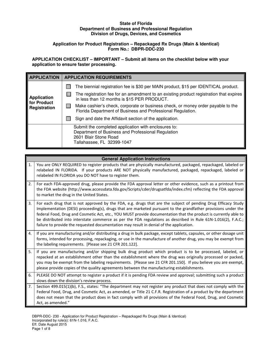 Form DBPR-DDC-230 Application for Product Registration - Repackaged Rx Drugs (Main  Identical) - Florida, Page 1