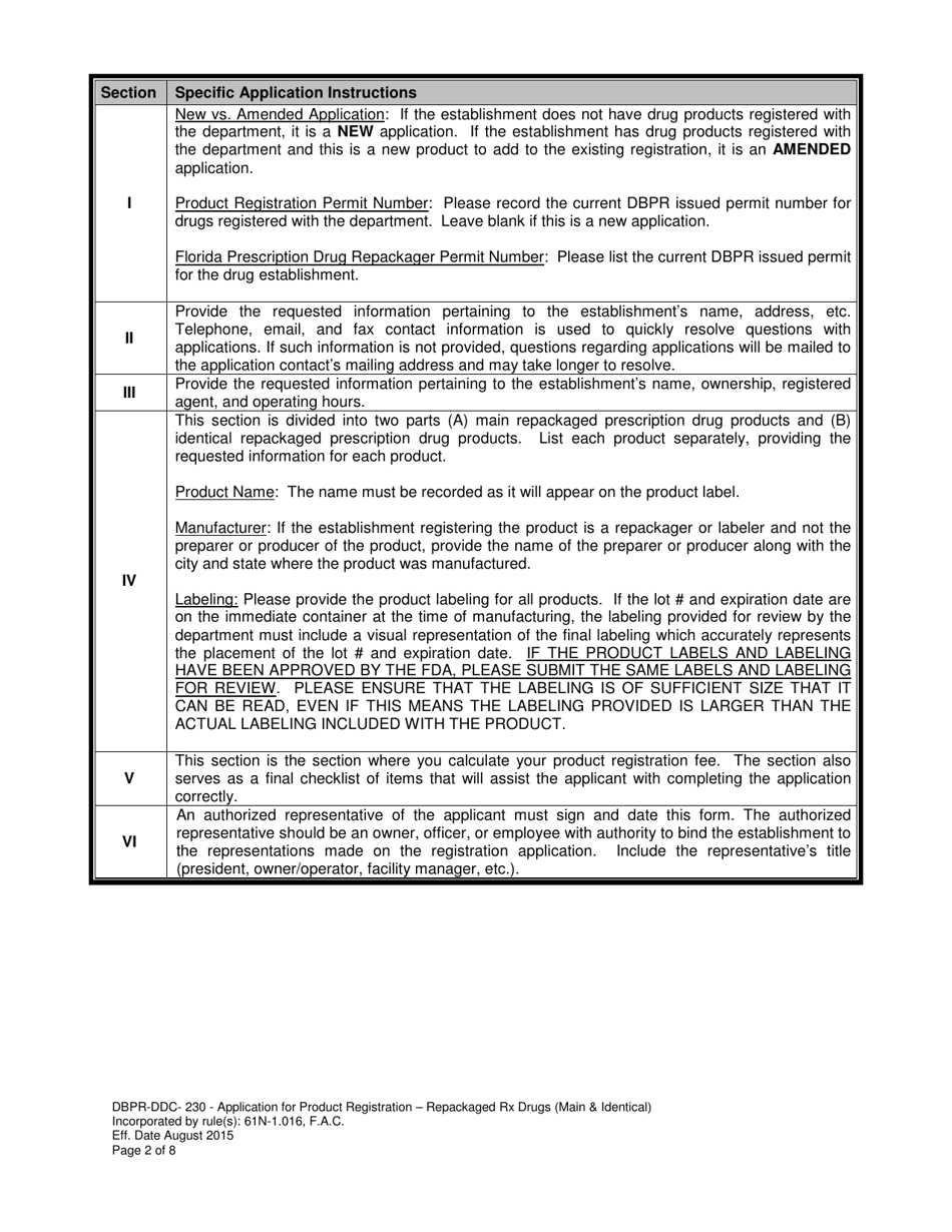 Form DBPR-DDC-230 Application for Product Registration - Repackaged Rx Drugs (Main  Identical) - Florida, Page 2