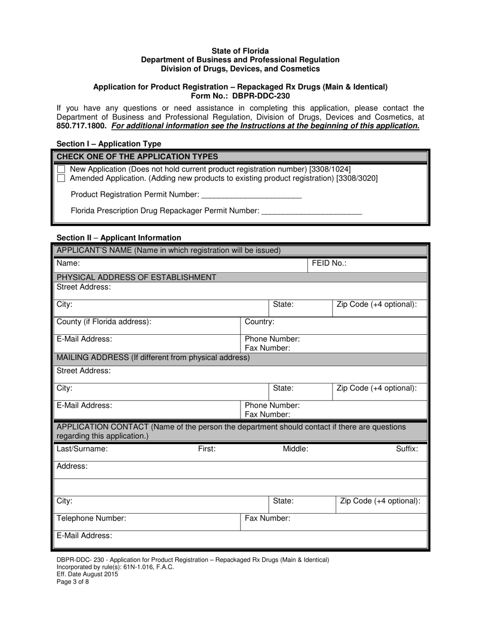 Form DBPR-DDC-230 Application for Product Registration - Repackaged Rx Drugs (Main  Identical) - Florida, Page 3