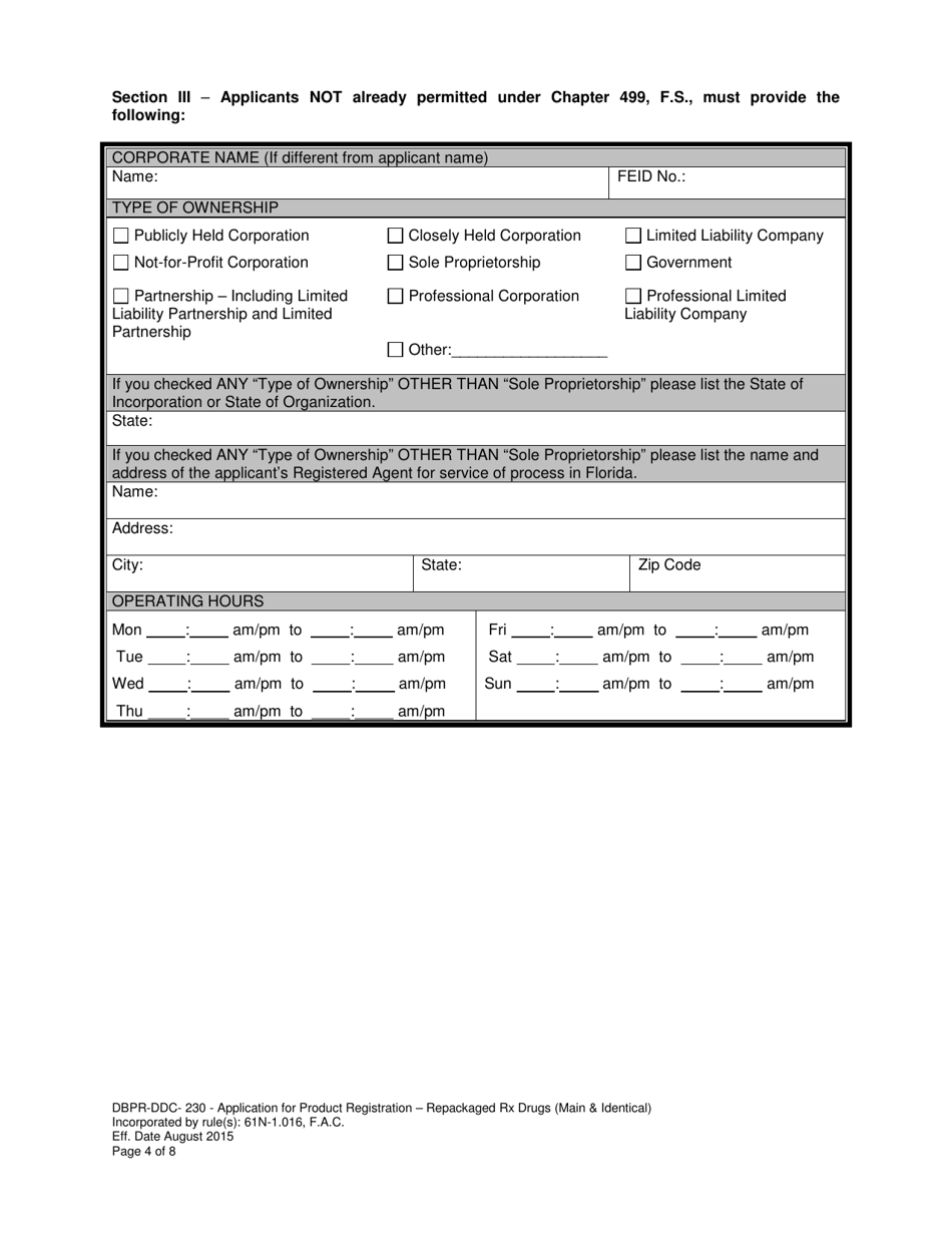 Form DBPR-DDC-230 Application for Product Registration - Repackaged Rx Drugs (Main  Identical) - Florida, Page 4