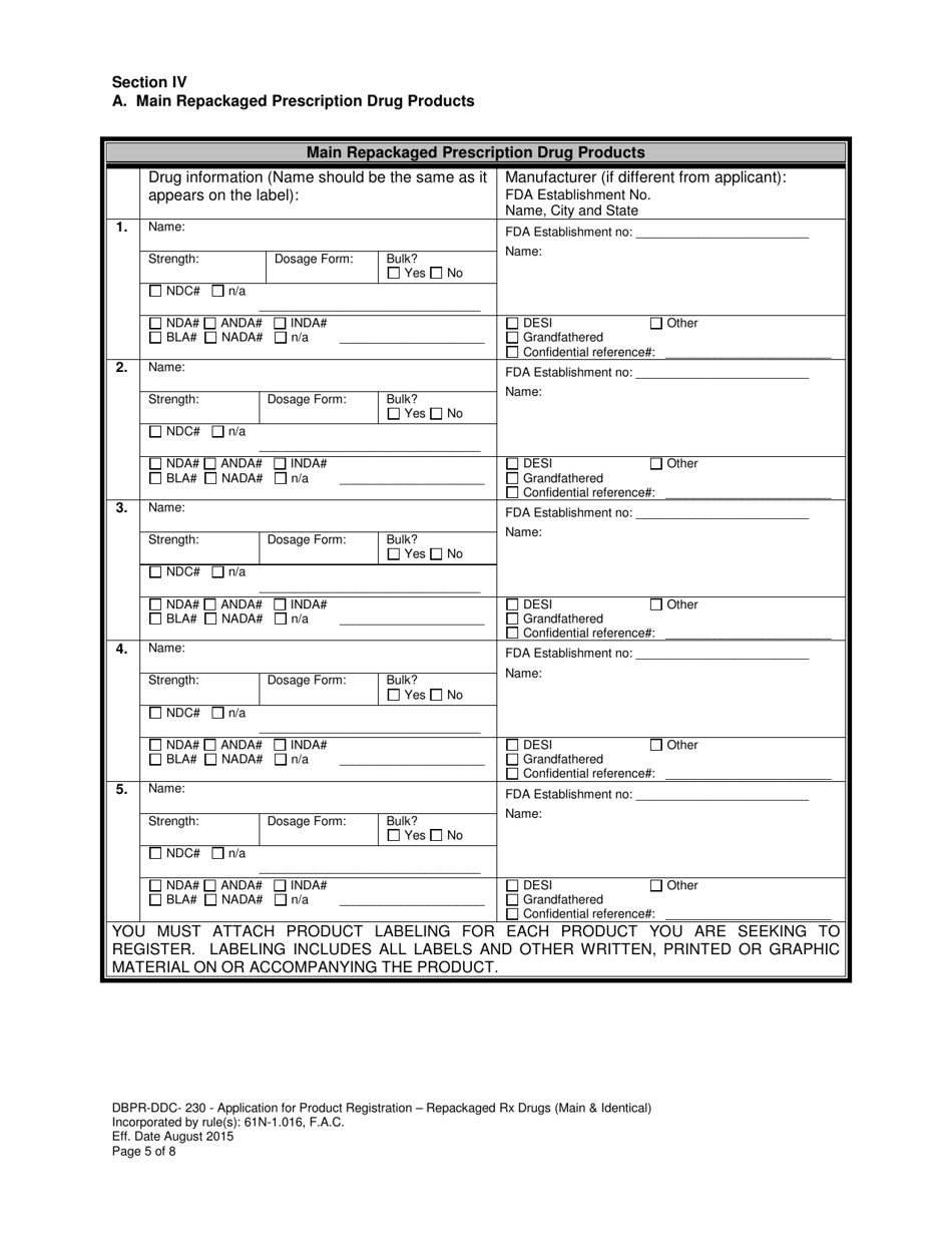 Form DBPR-DDC-230 Application for Product Registration - Repackaged Rx Drugs (Main  Identical) - Florida, Page 5
