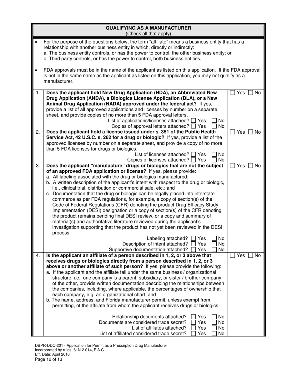 Form DBPR-DDC-201 Application for Permit as a Prescription Drug Manufacturer - Florida, Page 12
