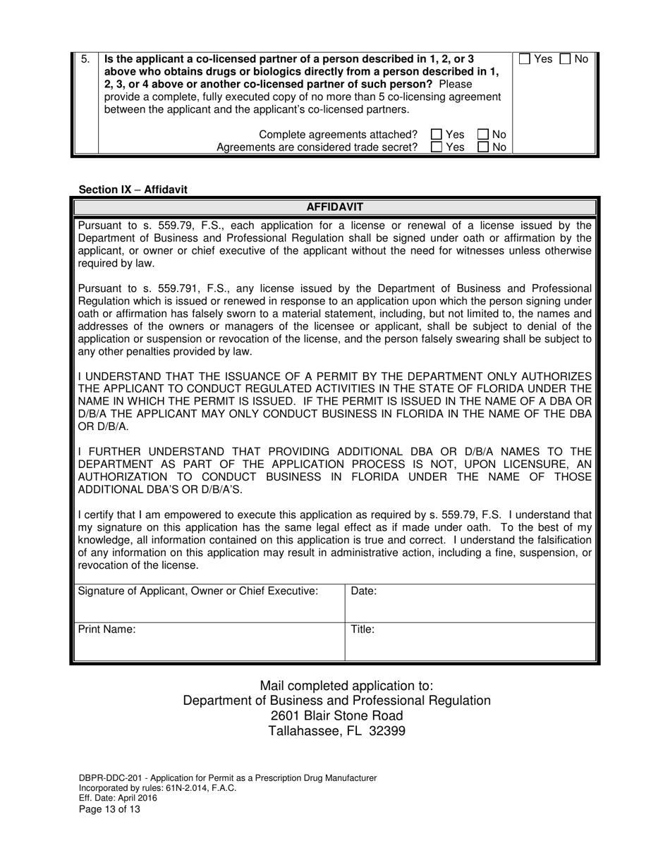 Form DBPR-DDC-201 Application for Permit as a Prescription Drug Manufacturer - Florida, Page 13
