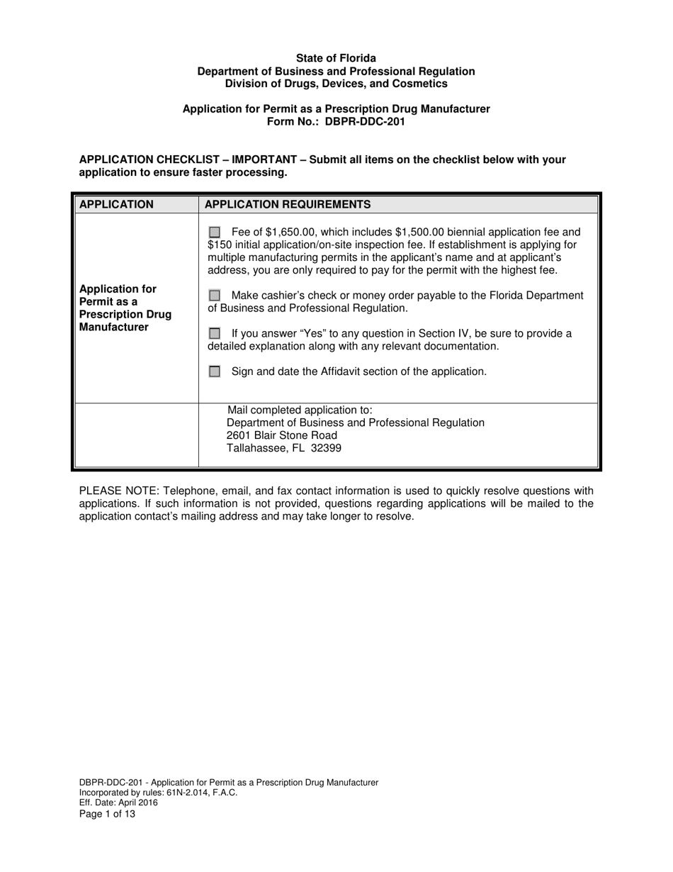 Form DBPR-DDC-201 Application for Permit as a Prescription Drug Manufacturer - Florida, Page 1