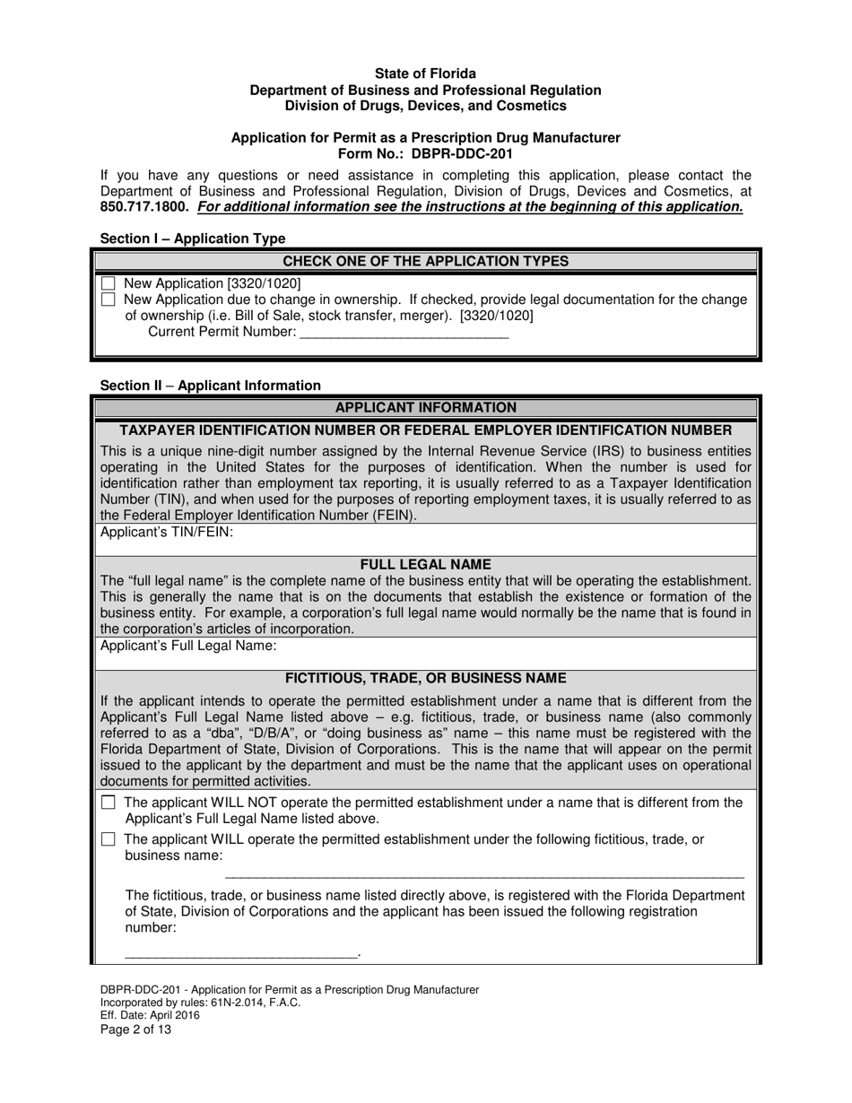 Form DBPR-DDC-201 Application for Permit as a Prescription Drug Manufacturer - Florida, Page 2