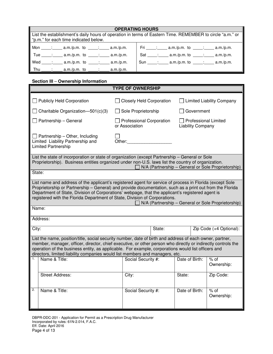 Form DBPR-DDC-201 Application for Permit as a Prescription Drug Manufacturer - Florida, Page 4