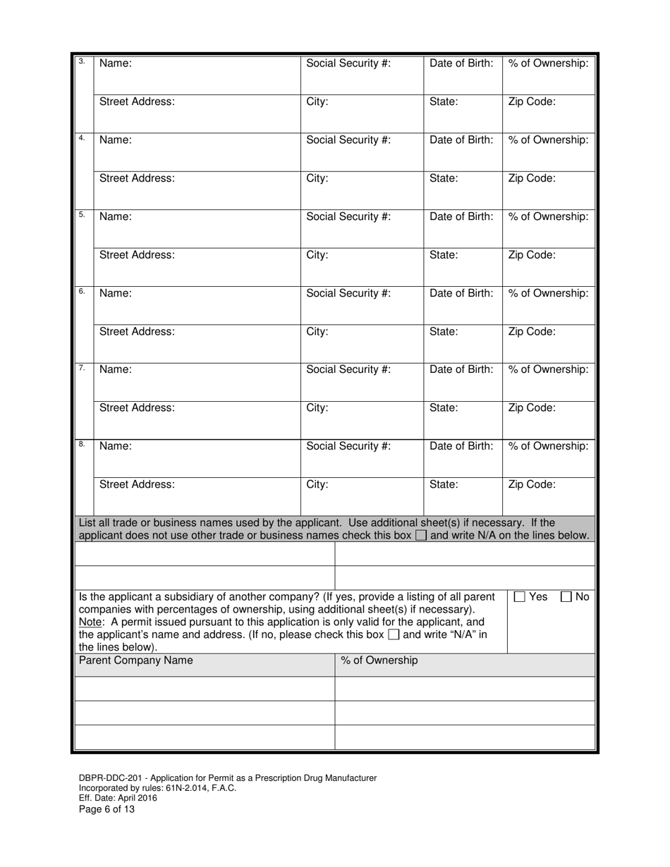Form DBPR-DDC-201 Application for Permit as a Prescription Drug Manufacturer - Florida, Page 6