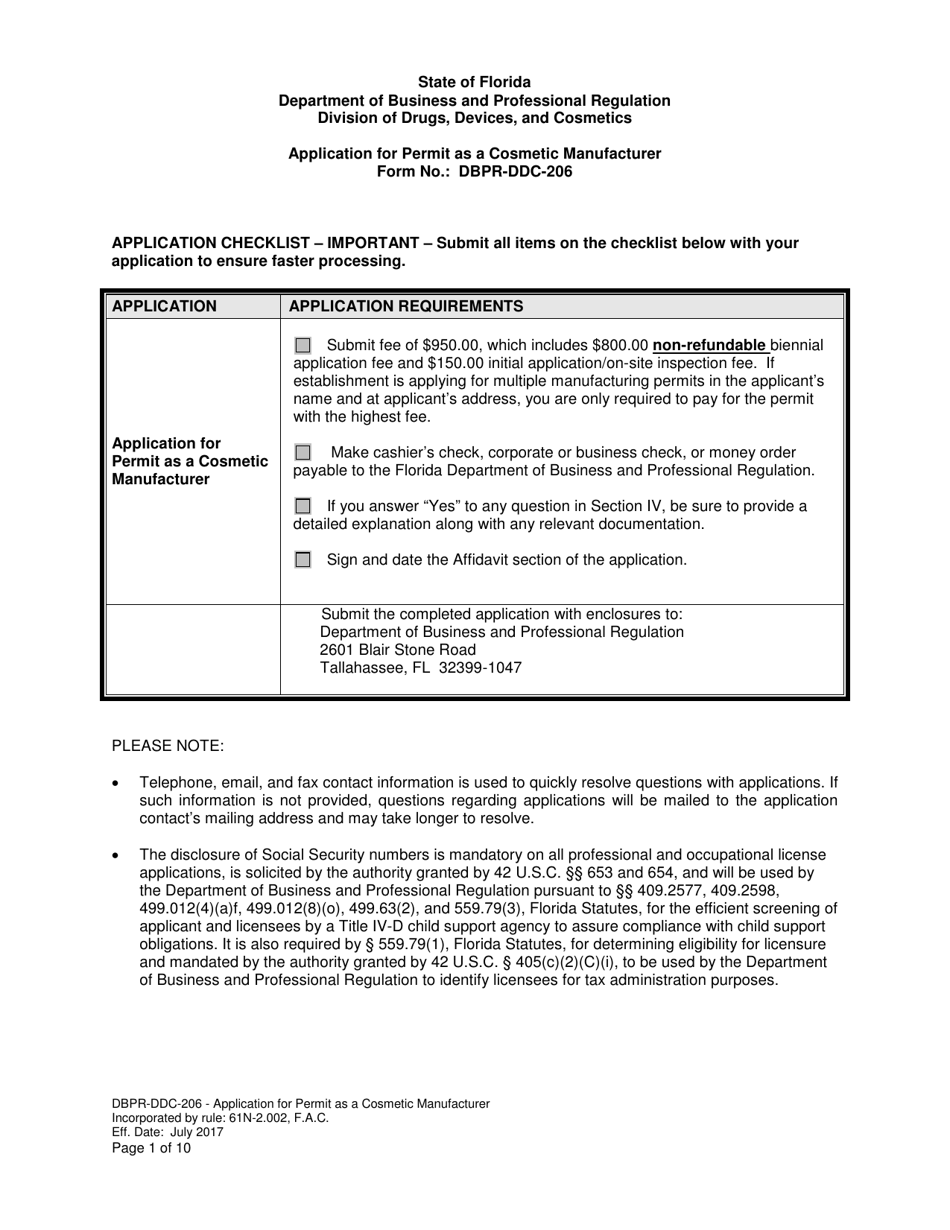 Form DBPR-DDC-206 Application for Permit as a Cosmetic Manufacturer - Florida, Page 1