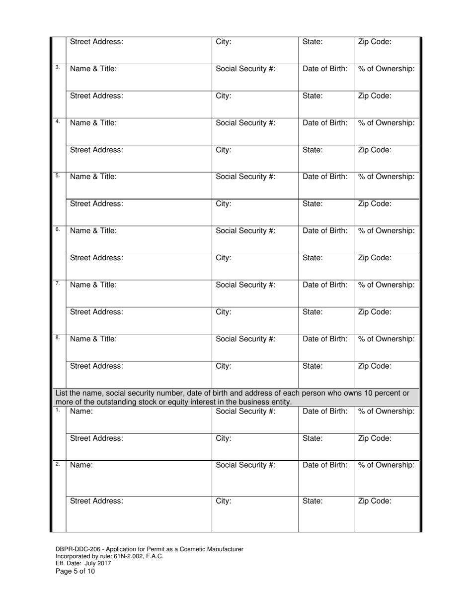 Form DBPR-DDC-206 Application for Permit as a Cosmetic Manufacturer - Florida, Page 5