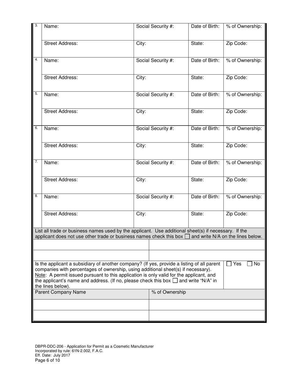 Form DBPR-DDC-206 Application for Permit as a Cosmetic Manufacturer - Florida, Page 6