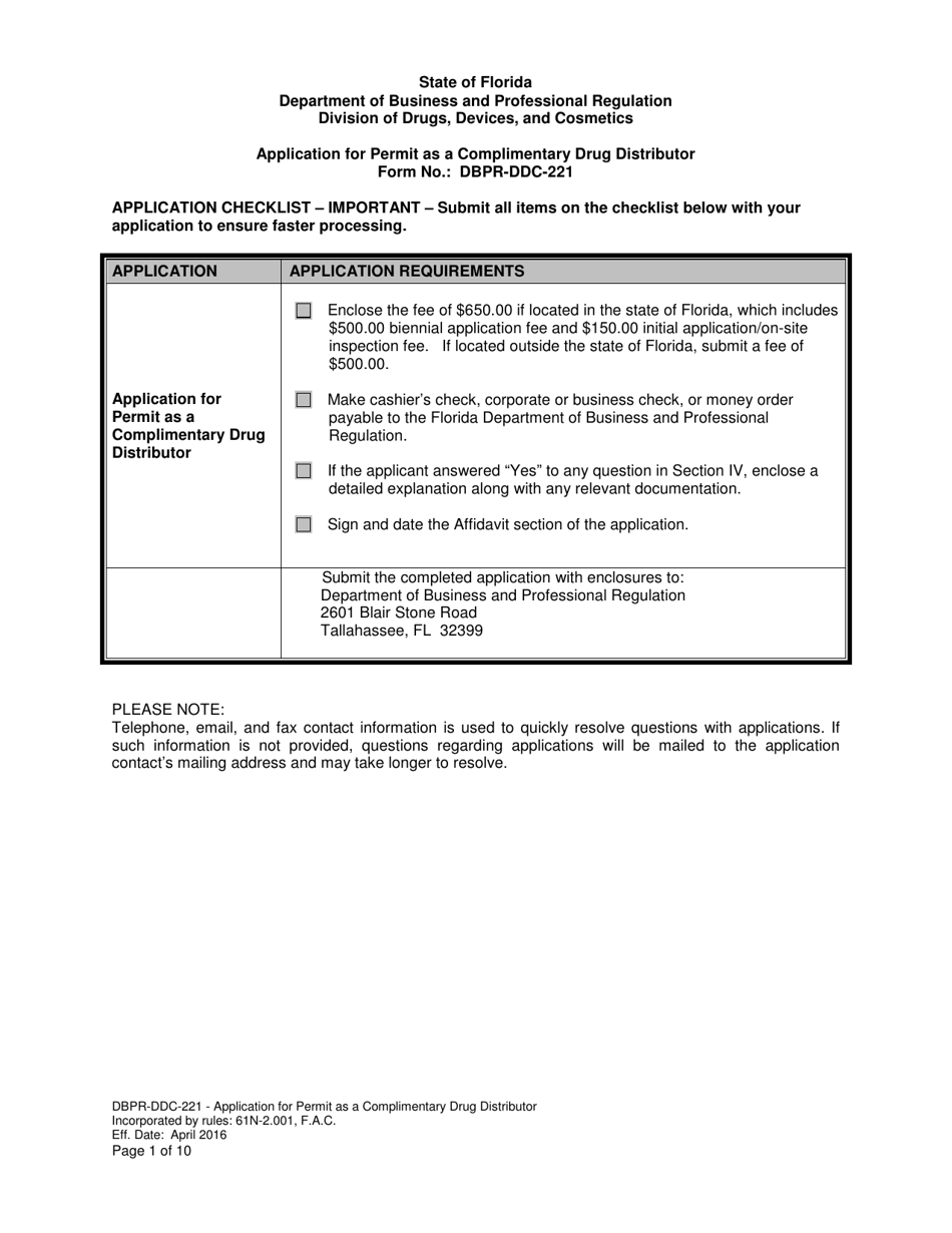 Form DBPR-DDC-221 Application for Permit as a Complimentary Drug Distributor - Florida, Page 1