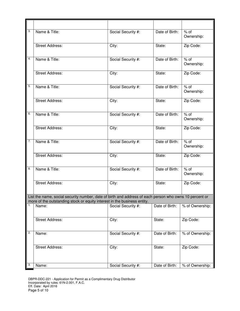 Form DBPR-DDC-221 Application for Permit as a Complimentary Drug Distributor - Florida, Page 5