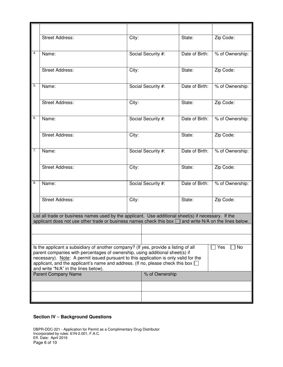 Form DBPR-DDC-221 Application for Permit as a Complimentary Drug Distributor - Florida, Page 6